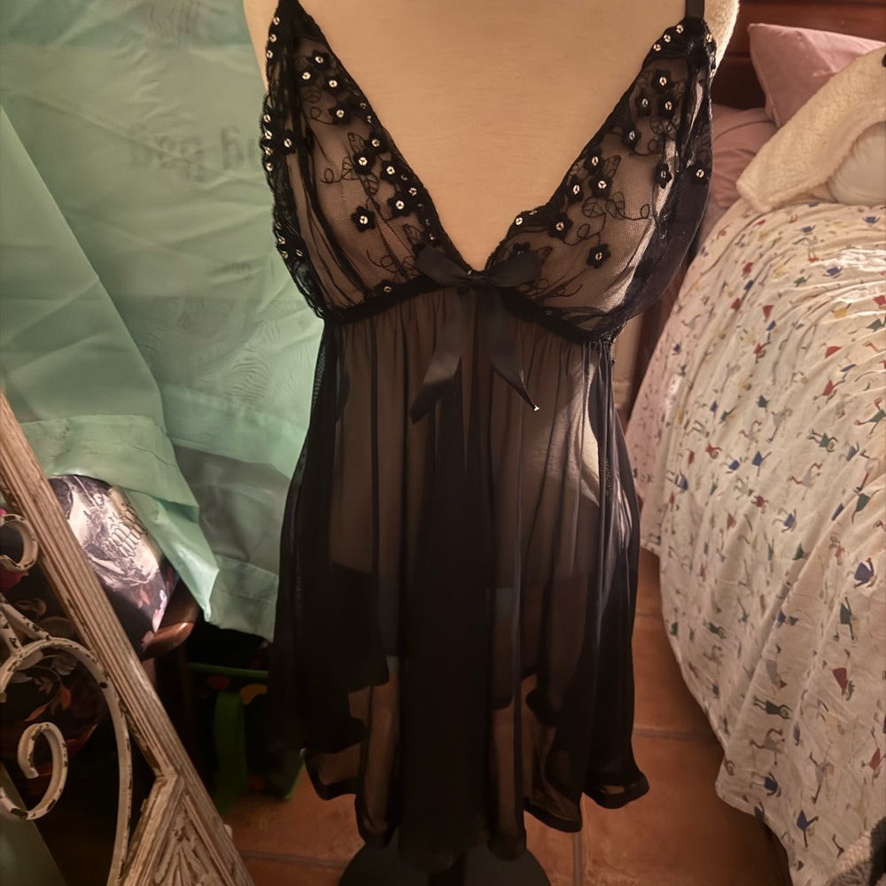 Black Lace Chemise with Sheer Skirt and Plunging Neckline